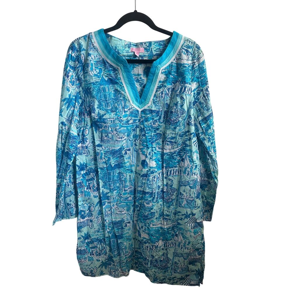 Lilly Pulitzer XL Blue Beach Scene Toile Dress Extra Large